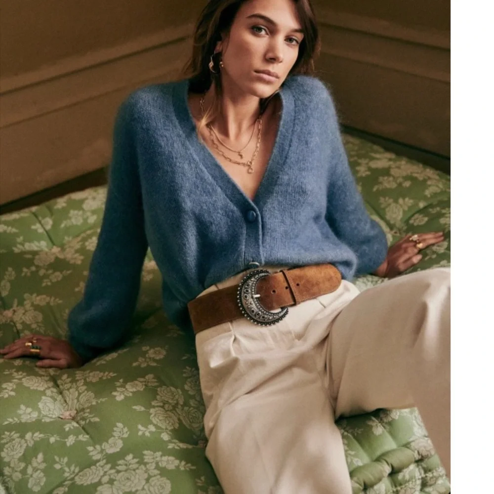 SEZANE Blue Mohair Wool Balloon Sleeve Oversized Mia V Neck Cardigan Sweater - Picture 5 of 16